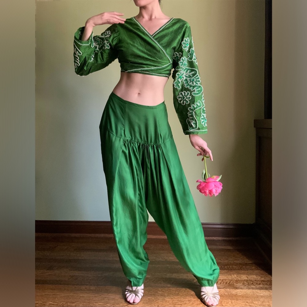 Vintage Silk Genie Costume, Emerald Green 100% Silk Harem Pants, Handmade